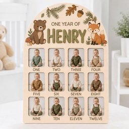 May include: An arched wooden photo board featuring the text ONE YEAR OF HENRY, decorated with illustrations of a bear, a fox, leaves, and acorns. It contains twelve square photo slots labeled ONE through TWELVE, each displaying a baby's portrait.