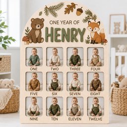 May include: An arched wooden milestone photo board titled ONE YEAR OF HENRY, featuring illustrations of a bear, a fox, and forest elements. It includes twelve square cutouts for photos labeled ONE through TWELVE, arranged in a grid format.