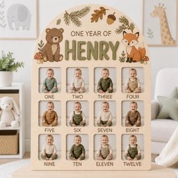 May include: An arched wooden milestone photo board featuring a bear and fox illustration at the top with the text ONE YEAR OF HENRY. It includes twelve square photo slots labeled ONE through TWELVE, each displaying a baby in different outfits.
