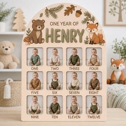 May include: An arched wooden milestone photo board featuring a bear and fox illustration, the text "ONE YEAR OF HENRY", and twelve rectangular slots labeled "ONE" through "TWELVE" for monthly baby photos, decorated with woodland motifs.
