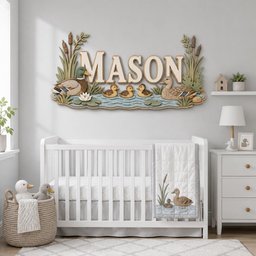 May include: A wall-mounted wooden sign featuring the name MASON in large letters, surrounded by a layered pond scene with two adult ducks, three ducklings, cattails, and water lilies in shades of green, blue, brown, and cream.