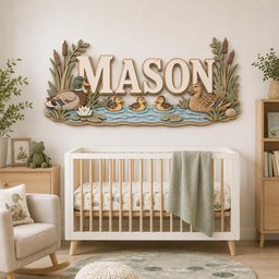 May include: A wooden wall sign featuring the name MASON in large cream letters, surrounded by a painted scene of two adult ducks and three ducklings swimming in blue water, accented with green reeds, cattails, and lily pads on a light background.