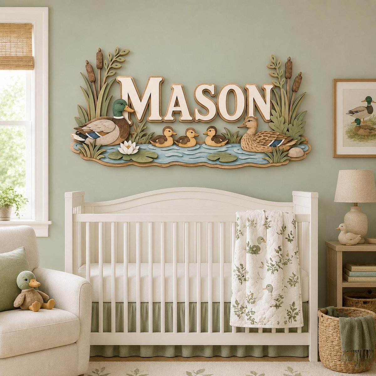 May include: A wall-mounted wooden sign featuring the name MASON in large white letters. The design includes a painted scene of two adult mallard ducks and three ducklings swimming in blue water among green reeds, cattails, and white lilies.