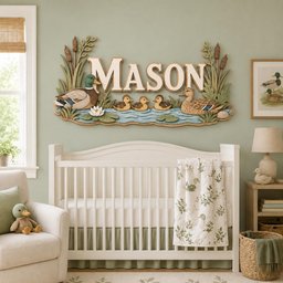 May include: A wall-mounted wooden sign featuring the name MASON in large white letters. The design includes a painted scene of two adult mallard ducks and three ducklings swimming in blue water among green reeds, cattails, and white lilies.