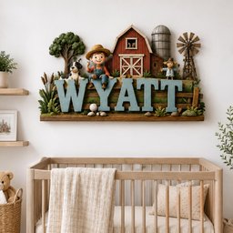 May include: A decorative wall sign featuring the name WYATT in large light blue letters. The scene includes a red barn, a silo, a windmill, a green tree, a black and white dog, and a cartoon character wearing a hat and overalls on a fence.