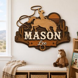 May include: A layered wooden wall sign featuring a cowboy on a bucking horse with a lasso, a sun, and cacti. The sign displays the name MASON in large block letters and Lee in script, with a horseshoe and two stars on a dark wood background.