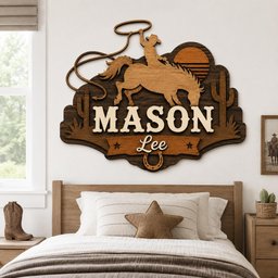 May include: A layered wooden wall sign featuring a cowboy on a bucking horse with a lasso, a sun, and cacti. The sign displays the name MASON in large white letters and the name Lee in script, with a horseshoe and two stars on a brown wooden banner.