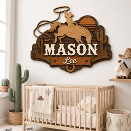 May include: A layered wooden wall sign featuring a cowboy on a bucking horse with a lasso, a sun, and cacti. The sign displays the name MASON in large white letters and Lee in script on a banner with a horseshoe and two stars below the name.