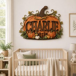 May include: A decorative wall sign shaped like a large orange pumpkin with the name CHARLIE in dark brown letters. The design features a dark brown stem, green vine accents, and smaller orange, white, and green pumpkins at the base.