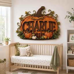 May include: A large, decorative wall sign shaped like a pumpkin with the name CHARLIE in dark brown letters. The orange pumpkin features green vine accents, a brown stem, and smaller pumpkins at the base, all mounted above a wooden baby crib.