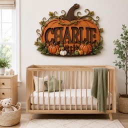 May include: A wall-mounted wooden sign shaped like a large orange pumpkin with the name CHARLIE in dark brown letters. The sign features decorative green leaves, vines, and smaller pumpkins at the base, all set against a light-colored wall.