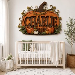 May include: A large, decorative wall sign shaped like a pumpkin with the name CHARLIE in dark brown letters. The sign features a dark brown stem, green vine accents, and several smaller orange, white, and green pumpkins at the base.