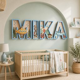 May include: A set of large, light blue wooden letters spelling MIKA, mounted on a wall. Each letter features a 3D underwater scene with a yellow submarine, a seahorse, coral, seaweed, and a treasure chest, all crafted with intricate detail.