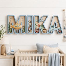 May include: A wall-mounted wooden name sign spelling MIKA in light blue frames. Each letter contains a 3D underwater scene featuring a yellow submarine, a seahorse, a sea turtle, coral, seaweed, bubbles, a treasure chest, and seashells.