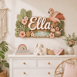 May include: A wooden wall sign featuring the name Ella in white script lettering, surrounded by layered tropical decor including a pink flamingo, a small flamingo chick, green monstera leaves, pink hibiscus flowers, and a pineapple.