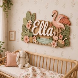 May include: A decorative wooden wall sign featuring the name Ella in white script lettering, surrounded by layered cutouts of a pink flamingo, a smaller flamingo, tropical palm leaves, pink hibiscus flowers, a pineapple, and a coconut.