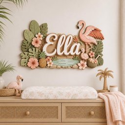 May include: A decorative wooden wall sign featuring the name Ella in white script lettering, surrounded by layered tropical elements including green monstera leaves, pink hibiscus flowers, a pineapple, a flamingo, and a small pond.