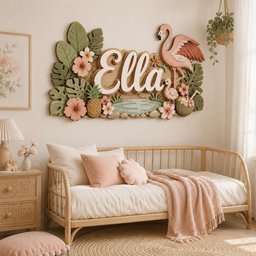 May include: A wall-mounted wooden sign featuring the name Ella in white script lettering, surrounded by layered tropical decor including green monstera leaves, pink hibiscus flowers, a pineapple, a coconut, and a pink flamingo figure.