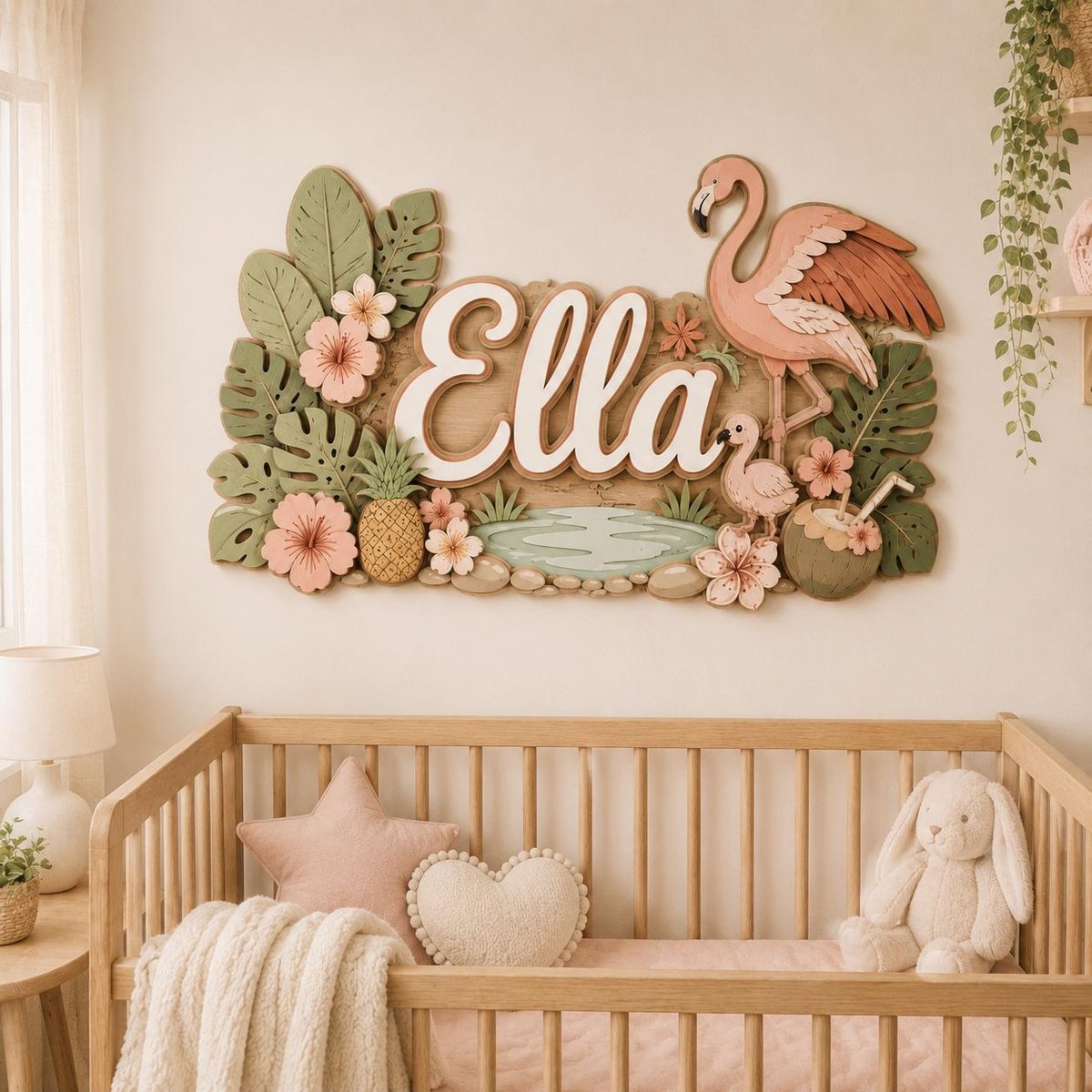 May include: A decorative wooden wall sign featuring the name Ella in white script lettering, surrounded by layered tropical elements including a pink flamingo, a small flamingo chick, green monstera leaves, pink hibiscus flowers, and a pineapple.