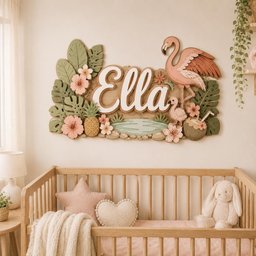 May include: A decorative wooden wall sign featuring the name Ella in white script lettering, surrounded by layered tropical elements including a pink flamingo, a small flamingo chick, green monstera leaves, pink hibiscus flowers, and a pineapple.