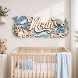 May include: A multi-layered wooden wall sign featuring the name Noah in large script lettering, surrounded by a blue whale, a green sea turtle, various seashells, starfish, and coral reef elements in shades of blue, green, and tan.
