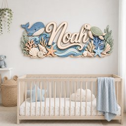 May include: A wooden wall sign featuring the name Noah in large script lettering, surrounded by layered ocean-themed cutouts including a blue whale, a green sea turtle, starfish, seashells, coral, and blue waves in shades of blue, green, and tan.