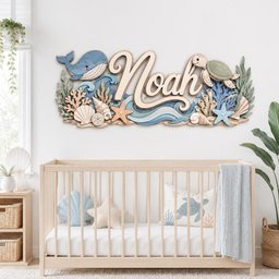 May include: A multi-layered wooden wall sign featuring the name Noah in large script lettering, surrounded by an ocean-themed scene with a blue whale, a sea turtle, starfish, various seashells, and coral in shades of blue, tan, and green.