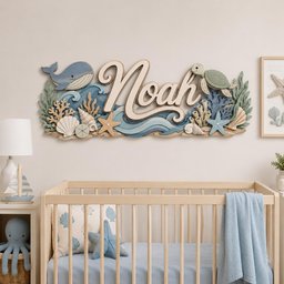 May include: A wooden wall sign featuring the name Noah in large script lettering, surrounded by layered ocean-themed cutouts including a blue whale, a green sea turtle, various seashells, starfish, coral, and stylized blue waves in shades of teal.