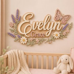 May include: A wooden wall sign featuring the name Evelyn Grace in layered script and block lettering. The sign is decorated with carved wooden lavender sprigs, daisies, and a pink butterfly, all painted in soft pastel shades of pink, purple, and green.