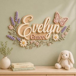 May include: A wooden wall sign featuring the name Evelyn Grace in layered script and block lettering. The sign is decorated with carved lavender sprigs, daisies, and a butterfly in soft pastel shades of pink, purple, cream, and sage green.