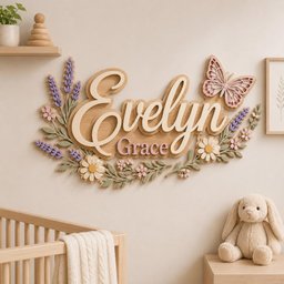 May include: A wooden wall sign featuring the name Evelyn Grace in layered script lettering, decorated with carved lavender sprigs, daisies, and a pink butterfly. The sign is mounted on a wall above a wooden crib and a plush toy rabbit.