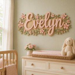 May include: A wall-mounted wooden sign featuring the name Evelyn in large, light pink script lettering. The name is surrounded by a decorative border of sculpted light pink flowers and sage green leaves, creating a floral arrangement.