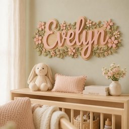 May include: A wall-mounted wooden sign featuring the name Evelyn in raised pink script lettering, surrounded by a decorative border of carved pink flowers and green leaves. The sign is mounted on a wall above a wooden shelf with a plush toy.