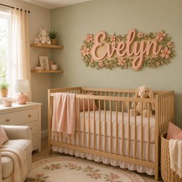 May include: A wooden wall sign featuring the name Evelyn in raised pink script lettering, surrounded by a decorative border of green leaves and small pink flowers, mounted on a light green wall above a wooden crib with a pink blanket.