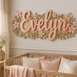 May include: A wall-mounted wooden sign featuring the name Evelyn in large, raised, light pink script lettering. The name is surrounded by a decorative border of carved light pink flowers and sage green leaves on a natural wood-toned backing.