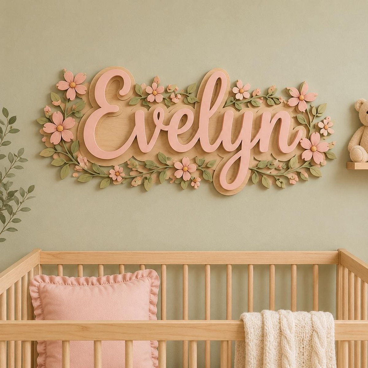 May include: A wall-mounted wooden sign featuring the name Evelyn in a light pink script font, layered over a larger backing piece, and decorated with carved light pink flowers and sage green leaves arranged along the perimeter of the lettering.