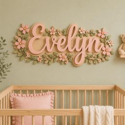 May include: A wall-mounted wooden sign featuring the name Evelyn in a light pink script font, layered over a larger backing piece, and decorated with carved light pink flowers and sage green leaves arranged along the perimeter of the lettering.