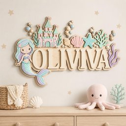 Mermaid Name Sign, Personalized Nursery Wall Decor, Custom Wooden Name Plaque, Under the Sea Baby Girl Room Decor, Ocean Theme Nursery Sign image 2