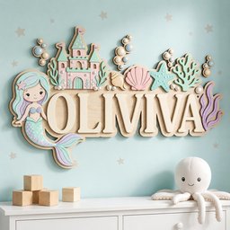 May include: A wooden wall sign featuring the name OLIVIA in large capital letters, decorated with a pastel-colored mermaid, a castle, seashells, a starfish, and coral accents. The design includes small pearl-like spheres and star shapes.