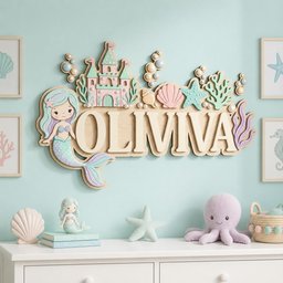 May include: A wall-mounted wooden sign featuring the name OLIVIA in large capital letters, decorated with a pastel-colored mermaid, a castle, seashells, a starfish, and coral. The design uses shades of pink, mint green, and lavender.