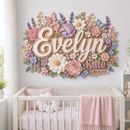 May include: A wall-mounted decorative sign featuring the names Evelyn and Kate in raised lettering, surrounded by a dense arrangement of sculpted flowers in shades of pink, purple, white, and blue, accented with two small butterflies.