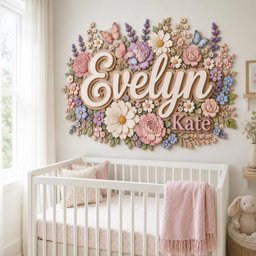 May include: A wall-mounted sign featuring the name Evelyn Kate in layered script and block lettering, surrounded by a dense arrangement of three-dimensional flowers in shades of pink, purple, blue, and white, with two small butterflies.