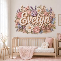 May include: A wall-mounted sign featuring the name Evelyn in large, cream-colored script letters, with the name Kate in smaller pink letters below. The sign is surrounded by a dense arrangement of three-dimensional flowers and butterflies in shades of pink, purple, white, and blue.