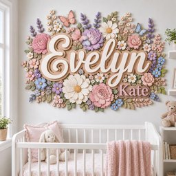May include: A wall-mounted sign featuring the names Evelyn and Kate in layered script and block lettering, surrounded by a dense arrangement of three-dimensional pastel-colored flowers, green leaves, and small butterflies in shades of pink, blue, and white.