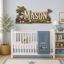 May include: A wooden wall sign featuring the name MASON in large letters, decorated with a teddy bear wearing a golf outfit, a palm tree, a golf bag, and a flag marked with the number 18. The sign is mounted above a white crib with a blue quilt.