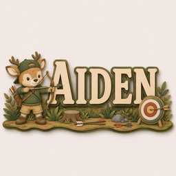 May include: A decorative wall sign featuring the name AIDEN in large cream-colored letters with a dark green outline. A cartoon deer wearing a green cap and hoodie holds a bow and arrow, accompanied by a target, tree stump, and foliage.