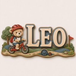 May include: A decorative wall sign featuring the name LEO in large beige letters with blue outlines. To the left, a cartoon teddy bear wearing a red helmet and backpack rides a red bicycle. The scene includes green trees, hills, and a small red flag.