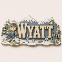 May include: A decorative wall sign featuring the name WYATT in large beige letters. The scene includes a cartoon bear wearing a blue ski suit, goggles, and a hat, skiing on a snowy mountain landscape with green pine trees and white snowflakes.