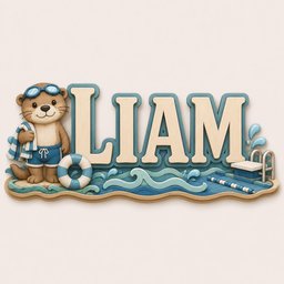 May include: A decorative wall sign featuring the name LIAM in large beige letters with blue outlines. To the left, a cartoon otter wears blue swimming trunks and goggles, holding a blue and white striped towel next to a matching life preserver.
