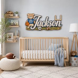 May include: A wall-mounted wooden sign featuring the name Jackson in large script lettering, accompanied by a cartoon bear wearing a blue jersey with the number 23, a basketball, a soccer ball, a football, and a gold-colored goal post.